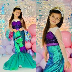 This enchanting mermaid dress for girls is perfect for young dreamers who love the magic of the sea. Available in sizes for ages 1-10, this stunning outfit is crafted from shimmering sequins and soft tulle, fully lined for comfort. The dress features a beautiful mermaid tail design with a vibrant green and purple color scheme, making it a show-stopper for any special occasion. The set can be ordered with a matching crown and bag, or just the dress and crown, providing flexibility for your needs. Girl Mermaid Costume, Mermaid Tail Dress, Purple Color Schemes, Tail Dress, Under The Sea Party, Mermaid Costume, Beautiful Mermaids, Soft Tulle, Stunning Outfits