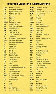 the internet song and abbreviations are on yellow paper with black lettering, which reads internet sing and abbreviations