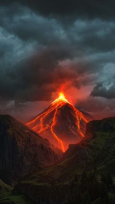 the volcano is glowing red and orange as it erupts into the dark sky