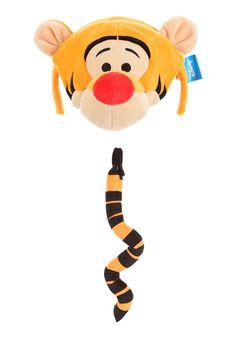 a stuffed tiger head hanging from a rope with a tag on it's ear