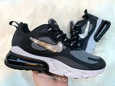 Bling Nike Air Max 270 React Shoes Hand Customized with Genuine Swarovski Crystals **Please note you may receive the Youth or Men's version of the shoe, but it will correlate to the correct Women's size. Colors: Black & Gray w/ White Soles Model and Color Code: #AT6174-001 Note: Box may be missing top lid or shoe box Each and every Swarovski crystal is set by hand with top quality, permanent adhesive. Our products come direct from the manufacturer or authorized retailers, and are 100% authen Nike Air Max 90 Pink, Nike Presto Women, Air Max 90 Grey, Bling Nike, Womens Nike Air Max 270, Bling Nike Shoes, Nike Air Max 90 Black, Swarovski Nike, Air Max 90 Black