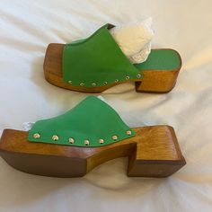 Clog Statement Shoes Perfect For Spring And Summer! Will Ship In Original Box With Duster Bag. Studded Clogs, Statement Shoes, Statement Shoe, Free People Shoes, Kelly Green, Green And Brown, Clogs, Original Box, Free People