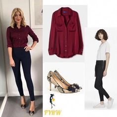 Holly Willoughby This Morning outfit burgundy long sleeve shirt black slim trousers snakeskin bow court shoes February 2018 #fahionstyle2018 Burgundy Shirt Outfit, Maroon Shirt Outfit, Angie Smith, Holly Willoughby Outfits, Morning Outfit, Burgundy Shirt, Wine Shirt, Dress For Work