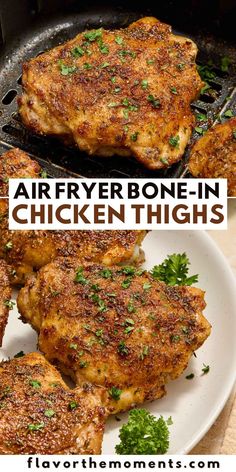 air fryer bone in chicken thighs on a plate with parsley sprigs