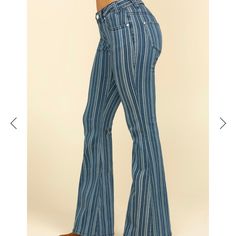 Blue Stripped Pants. Bell Bottom. Medium Rise. Stretch Jean. Approx Size 6 (See Photos For Sizing)) Boot Barn, Rock Roll, Bell Bottom, Jeans Color, Stretch Jeans, Colored Jeans, Denim Women, Jeans And Boots, Bell Bottom Jeans