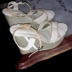 Mia Wedged Sandals Sz 9 New Without Tags Summer High Heels With Cushioned Footbed, Summer Wedge Heels With Cushioned Footbed, Cream High Heel Wedge Sandals For Beach, Cream High Heel Wedge Sandals For Vacation, Cream Wedge Sandals With Heel Strap For Beach, Beach Cream Wedge Sandals With Heel Strap, Cream Summer Wedge Sandals With Ankle Strap, Summer Cream Wedge Sandals With Ankle Strap, Wedged Sandals