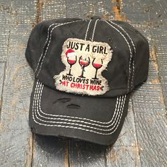 Just a Girl Who Loves at Christmas Patch Rugged Black Embroidered Ball Cap Fun Black Cotton Baseball Cap, Black Distressed Cotton Trucker Hat, Vintage Black Distressed Baseball Cap, Cotton Snapback Baseball Cap For Gift, Cotton Snapback Baseball Cap As Gift, Cotton Trucker Hat With Curved Bill As Gift, Casual Christmas Cap, Casual Black Dad Hat As Gift, Vintage Hat