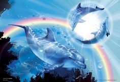 two dolphins are swimming in the ocean with rainbows and stars above them on a blue background