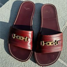 Used Like New Celine Shoes, Celine Triomphe, Red Gold, Women's Shoes Sandals, Leather Sandals, Shoes Sandals, Like New, Women Shoes, Running