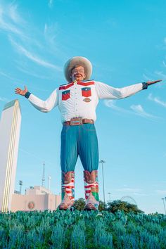 a large statue of a man in the middle of a field with his arms outstretched