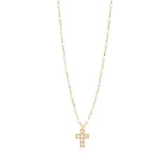 Gigi Clozeau - Cross Charm Classic Gigi White diamond necklace, Yellow Gold, 16.5 Luxury White Clavicle Chain Necklace, Spiritual Pendant Necklace With Pearl Chain, Elegant Cross Pendant Necklace With Pearl Drop, Elegant Pearl Drop Cross Pendant Necklace, Diamond White Necklace With Pearl Charm As Gift, Luxury White Gold Plated Necklaces, Diamond Necklace With Pearl Charm For Gift, Diamond Necklace With Pearl Charm As Gift, Cross Pendant Pearl Chain Necklace As Gift