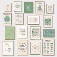 a bunch of cards that are on the wall with some words written in each one