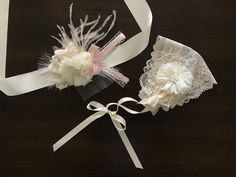 Champagne baptism bonnet and ivory flowers baptism sash Flower Girls Wedding, Baptism Girl, Ivory Flowers, Lace Headbands, Wide Headband