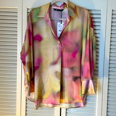 Zara Long Sleeve Multi-Color Blouse Nwt Size Small, Loose Fit One Button Detail On Front Chic Multicolor Blouse With Buttons, Spring Gold Button-up Shirt, Chic Multicolor Blouse With Button Closure, Multicolor Button Closure Blouse For Day Out, Multicolor Blouse With Button Closure For Day Out, Spring Multicolor Blouse With Button Closure, Fall Yellow Shirt With Floral Print, Multicolor Blouse With Button Closure For Spring, Gold Button-up Top For Summer