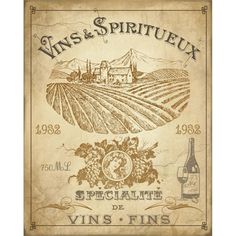 an old wine label with the words vins & spiritueux