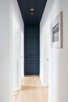 an empty hallway with blue walls and white trim on the door, wood flooring