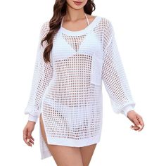 Features: One piece cover up with crochet fishnet, pull on, long sleeve, solid color, wide neckline design, you can wear it one shoulder, or up. With pocket for mobile phone Summer Long Sleeve Crochet Cover-up, Fitted Long Sleeve Crochet Dress For Beach Cover-up, One Piece Cover, White Long Sleeve Crochet Beach Cover-up, White Long Sleeve Open Knit Cover-up, Crochet Fishnet, Spring Stretch Crochet Beach Cover-up Dress, Hollow Sweater, Mesh Cover Up