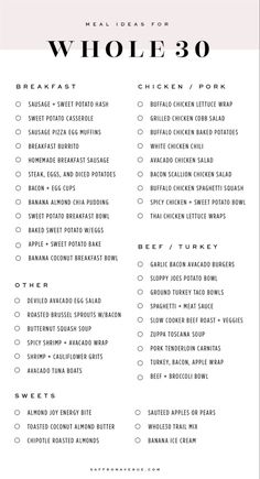 the meal list for whole 30 is shown in black and white, with pink accents