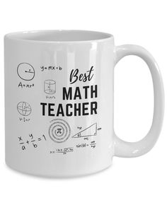 a white coffee mug with the words best math teacher written in black ink on it