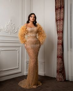 Taxes + Shipping included! Feather Sleeves, Gold Sparkly Dress, Asymmetrical Neckline Dress, Fur Dress, Gold Evening Dresses, Luxurious Dresses, Ankle Length Dress, Neckline Dress, Column Dress