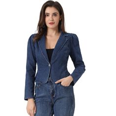 This notched lapel collar adds a stylish and structured element to this denim blazer. This jean jacket features a timeless denim fabric, giving it a classic and versatile look. It elevates the overall look and creates a more tailored and polished appearance. It can be worn over dresses, paired with skirts or pants, or even layered under coats for added warmth. Spring Slim Fit Blazer With Button Closure, Single-breasted Cotton Denim Jacket With Notch Lapel, Single Breasted Cotton Denim Jacket With Notch Lapel, Classic Long Sleeve Denim Jacket With Double Button Closure, Denim Notch Lapel Outerwear With Button Closure, Classic Medium Wash Blazer With Button Closure, Denim Outerwear With Notch Lapel And Button Closure, Classic Denim Blue Spring Blazer, Classic Denim Blue Blazer For Spring