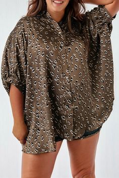 Leopard Buttoned Batwing Sleeve Plus Size Shirt Oversized Brown Shirt For Spring, Fall Printed Collared Tops, Fall Collared Printed Tops, Casual Printed Brown Blouse, Oversized Short Sleeve Brown Blouse, Brown Oversized Short Sleeve Blouse, Oversized Brown Collared Blouse, Oversized Brown Blouse With Short Sleeves, Khaki Short Sleeve Blouse For Fall