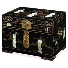 a black and gold box with figures painted on it