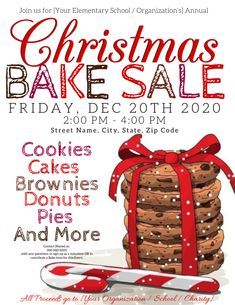 a flyer for christmas bake sale with cookies and candy canes on the table