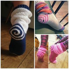 four pictures of socks with different designs on them, one is made from yarn and the other has crochet