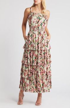 Move sweetly from day to night in this flowery maxi accented with floaty ruffles and fine pleats. 52 1/2" length (size Medium) Slips on over head Square neck Sleeveless Side-seam pockets Partially lined 100% polyester Hand wash, dry flat Imported Flowy Tiered Skirt Floral Dress For Spring, Flowy Tiered Floral Dress For Spring, Spring Floral Ruffled Tiered Skirt Dress, Feminine Lined Maxi Dress For Garden Party, Spring Tiered Lined Maxi Dress, Feminine Pleated Maxi Dress For Garden Party, Tiered Floral Dress With Ruffles For Daywear, Spring Floral Maxi Dress For Daywear, Feminine Floral Maxi Dress With Ruffle Hem