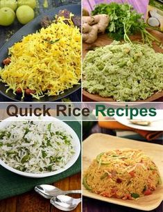 four pictures with different types of rice in them and the words quick rice recipes below