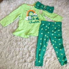 Nwt Includes 3 Pieces Shamrock Print St Patrick’s Day St Pattys Day Green “Good Lucky Charm” Lucky Rainbow Long Sleeve Birthday Sets For Spring, Long Sleeve Sets For Birthday In Spring, Green Playful Sets For Spring, Playful Green Sets For Spring, Cute Green Sets For Spring, Fun Green Cotton Set, Cute Green Spring Sets, Green Fitted Sets For Playtime, Cute Green Playtime Sets