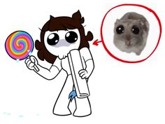 a cartoon character holding a lollipopo in front of an image of a gerbil