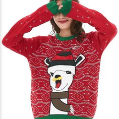 Women's Ugly Christmas Sweater Size Medium Fun Long Sleeve Winter Sweater, Fun Crew Neck Winter Sweater, Red Tops For Winter Holiday, Casual Christmas Sweater For Festive Occasions, Red Holiday Top For Winter, Casual Winter Sweater For Parties, Casual Red Sweater For Party, Red Christmas Party Sweater, Christmas Party Crew Neck Sweater