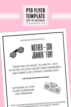 Planning a family fun event fro your elementary PTO/PTA? Look no further for a super fun mother son family night theme! This editable template set has everything you need for a fun music themed evening! Complete with an editable flyer and ticket template, attendees will love the fun design. You'll love how easy it is to customize the school dance flyer and dance ticket templates for an unforgettable family fun event. School Event Flyer, Dance Flyer, Night Theme, Mother Son Dance, Flyer Ideas, Fun Music, Ticket Template