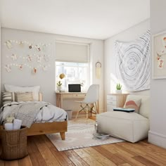 a bedroom with a bed, desk and chair next to a window that reads explore this look