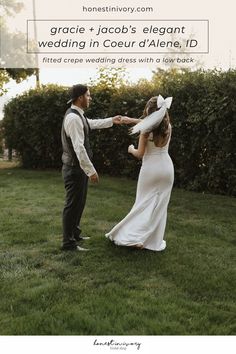 a bride and groom holding hands in the grass with text overlay that reads, grace + jacob's elegant wedding in court d'alene, id