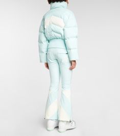 Juniper Down Ski Jacket in Blue - Perfect Moment | Mytheresa Sporty Quilted Down Puffer Jacket, Sporty Down Puffer Jacket With Zipper, Sporty Down Puffer Jacket With Zipper Closure, Sporty Down Puffer Jacket For Winter Sports, Hooded Down Puffer Jacket For Skiing, Hooded Nylon Puffer Jacket For Skiing, Long Sleeve Nylon Puffer Jacket For Ski Season, Fitted Down Puffer Jacket, Ski Season Puffer Outerwear For Winter Sports