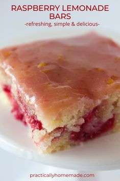 raspberry lemonade bars on a plate with text overlay that reads, raspberry lemonade bars refreshing, simple & delicious