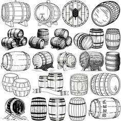 various types of wooden barrels and barrels for wine or beer, hand drawn illustration on white paper