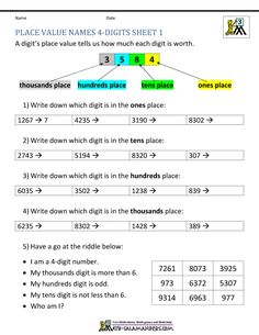 a worksheet with numbers and place value on it