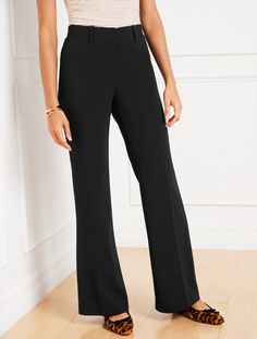 Tailored charm meets on-trend . Our fashion-forward flare leg pants are perfect for work and travel. Easy-to-pack, easy care. Simple elegance in lightweight, wrinkle-resistant fabric and a sophisticated fit. Features Flat Front/Trouser Flare Leg Hits High Waist Full Length Front zip with hook & bar closure Front Angled slip, Back welt pockets Lined Imported Fit: Misses: 31 1/2"; Petite: 29"; Plus: 31 1/2"; Plus Petite: 29" Material: 69% Triacetate, 31% Polyester; Lining: 100% Polyester Care: Mac Work And Travel, Shopping Event, Flare Leg Pants, Classic Style Women, Easy Travel, Simple Elegance, Work Outfits, Welt Pockets, Modern Classic