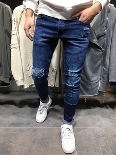 2Y Men Slim Fit Simplicio Ripped Jeans - Dark Blue - FASH STOP Blue Slim Fit Jeans For Streetwear, Fitted Medium Wash Jeans With Zip Fly, Blue Slim Fit Jeans For Fall, Blue Slim Stretch Jeans, Blue Slim Fit Denim Jeans, Blue Slim Denim Jeans, Slim Fit Blue Denim Pants, Blue Slim Fit Denim Pants, Fitted Ripped Dark Wash Pants