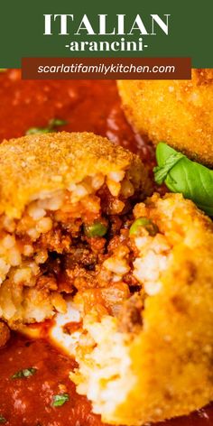 some food that is sitting on top of a plate with tomato sauce and basil leaves