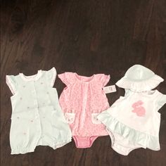 Set Of Three Onesies With Hat. Never Worn. Carters Onesie Still Has Tags Attached. 18 Months Casual Pink Hats For Playtime, Onesies, Kids Shop, One Piece, Tags, Hats, Green, Pink, Color