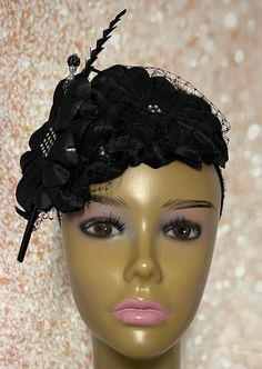 Black Flower Fascinator Half Hat, Weddings, Church, Tea Parties, Mother's Day, mother of the Bride or Groom, and other Special Occasions  Accented with veil netting, feather stem, hat pin, and faux pearls. Black flower petals with rhinestone center. Beautiful handmade hat. Available in 2 sizes: 8 X 5.5 inches  10 X 7 inches Mannequin is wearing the 8 by 5.5 inches. SHIPPING  All items for free shipping will be shipped via USPS FIRST CLASS MAIL. Gifts for mom, sister, wife, or yourself. Black Hat-style Headpieces For Wedding, Black Hat Headpiece For Wedding, Black Hat Style Headpieces For Wedding, Black Headpiece For Spring Wedding, Elegant Adjustable Fascinator With Flower Decoration, Evening Fascinator With Handmade Flowers And Adjustable Fit, Black Headband For Wedding Or Kentucky Derby, Black Headband For Wedding At Kentucky Derby, Black Headband For Kentucky Derby Wedding