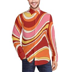 Step back in time with our Vintage 70s Style Shirt, a Retro Shirt designed for the modern man who appreciates the groovy vibes of the past. This Hippie Shirt for Men exudes the free-spirited essence of the 70s, featuring a unique and vibrant stripe pattern in red, pink, yellow, and orange hues. The abstract stripe print adds a touch of artistic flair to this Men's Stripe Shirt, making it a standout piece for those who seek individuality in their wardrobe. Whether you're attending a themed event Retro Orange Cotton Shirt, Groovy Retro Print Shirt For Summer, Groovy Retro Print Summer Shirt, Retro Collared Shirt With Vintage Print, Retro Long Sleeve Shirt With Retro Print, Retro Orange Collared Shirt, 70s Inspired Shirt With Retro Print For Summer, Retro Fitted Shirt With Vintage Print, 70s Inspired Retro Print Shirt For Summer