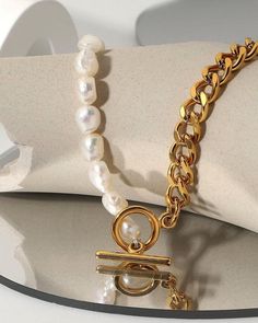 Half Pearls and Half Gold Plated Stainless Steel Chain. Gold Pearl Chain Necklace With Chunky Chain, Pearl Jewelry With Chunky Chain For Gift, Pearl Chain Costume Jewelry, Metal Pearl Chain Necklace As Gift, Metal Pearl Necklace With Chain For Gifts, Pearl Chain Link Jewelry For Gifts, Pearl Chain Link Jewelry Gift, Pearl Necklace With Metal Chain For Gifts, Metal Chain Pearl Necklace For Gift