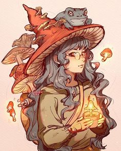 a drawing of a woman wearing a witches hat and holding a lit candle in her hands