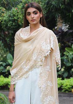 Woven from a fine silk and wool blend, this beige scarf features a bold scalloped edging in a double colour lace border created from a combination of a contrasting ivory and tonal beige colour. A very fashionable and contemporary addition to any day or evening wear all year-round. Beige Wedding Shawl With Embroidered Border, Embroidered Cream Dupatta Shawl, Elegant Beige Embroidered Scarves, Elegant Cream Embroidered Scarf, Cream Embroidered Shawl Scarf, Beige Scarf, Beige Silk, Beige Colour, Lace Border